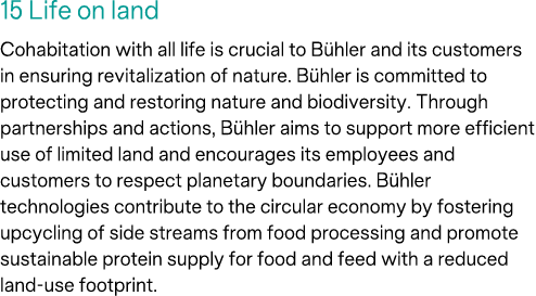15 Life on land Cohabitation with all life is crucial to B hler and its customers in ensuring revitalization of natur...